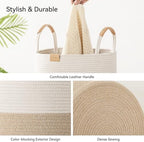 Nunsino 75L Striped Laundry Hamper with Leather Handles,Large Foldable Laundry Basket for Clothes,Cotton Rope Storage Bin for Blankets,Woven Clothes Basket for Bedroom,Beige Stripes - Image 6