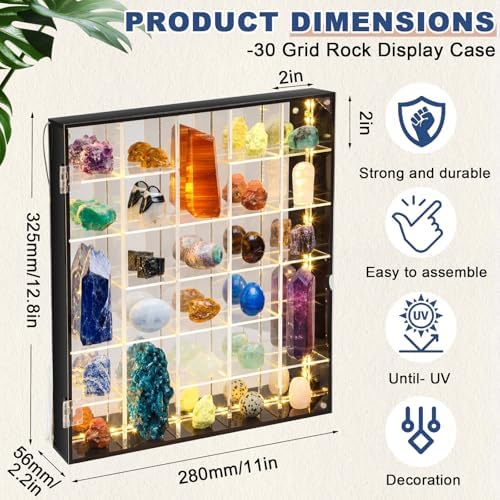 Cinnvoice Rock Display Case 30 Grids, Black Border, Square with LED - Image 2