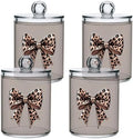 Fustylead 4 Pack Brown Bow with Leopard Skin Plastic Apothecary Jars with Lid, Bathroom Vanity Storage Organizer Canister for Qtip, Cotton Ball, Swab, Round Pads, Floss by Fustylead