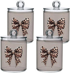 Fustylead 4 Pack Brown Bow with Leopard Skin Plastic Apothecary Jars with Lid, Bathroom Vanity Storage Organizer Canister for Qtip, Cotton Ball, Swab, Round Pads, Floss by Fustylead