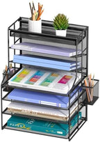 7 Tier Desk File Organizer, Black Metal Letter Tray Paper Organizer with Pull-Out Drawer, Removable Pen Holder & Hanging Basket, Vertical Desktop File Holder for Home Office, Classroom by FANXIYQ