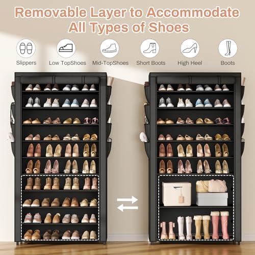 VTRIN Tall Shoe Rack with Cover, 10 Tier Shoe Organizer Storage for 50-55 Pairs Shoes and Boots Large Capacity Shoe Shelf with 8 Pockets Free Standing Shoe Rack for Closet, Entryway, Garage - Image 6