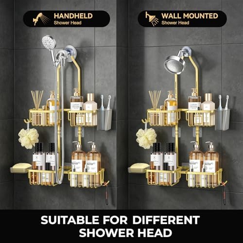 Adjustable Hanging Shower Caddy for Handheld Showerhead, Rustproof Aluminum Over Shower Head Organizer, Renter-Friendly No-Swing Storage for Tall Bottles & Soap, 2-Tier, Gold - Image 3