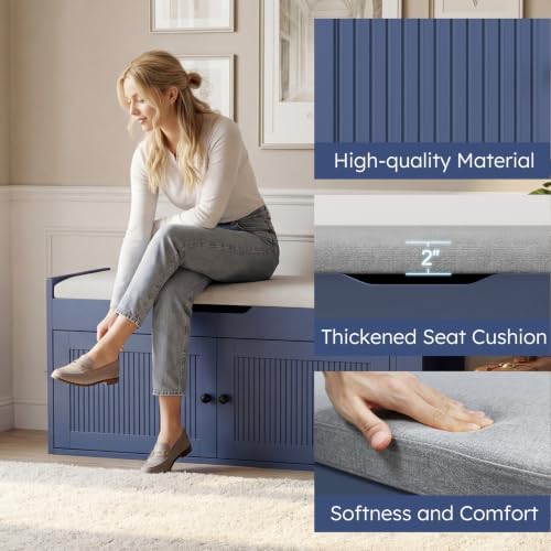 39.4" Storage Bench - Entryway Shoe Bench with Side Storage Shelves and 2 Doors, Multifunctional Entryway Bench with Lift Top Cushion, Shoe Storage Bench for Bedroom, Living Room, Navy Blue - Image 7