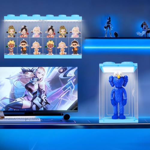 Wall-Mounted Blue Acrylic Display Case with White LED Light, 12-Grid Clear Showcase Shelf, No-Assembly Dustproof Organizer for Mini Figures, Collectibles - Image 2
