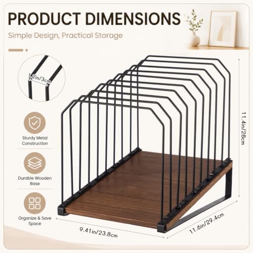 9 Section Inclined Vertical Desk File Organizer, Metal Frame and Wood Base - Image 2
