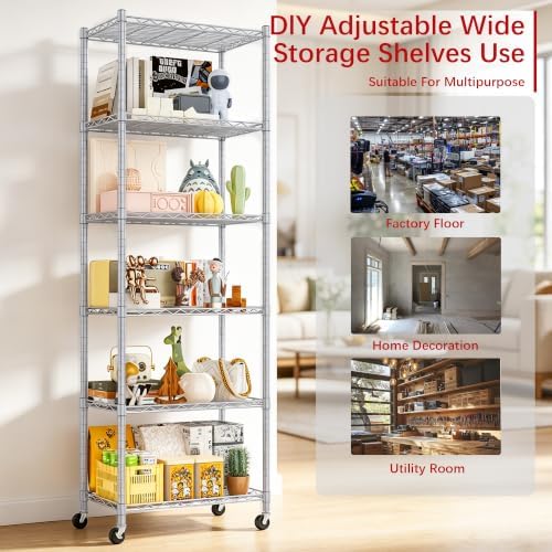 REGILLER 6 Wire Shelving Steel Storage Rack Adjustable Unit Shelves for Laundry Bathroom Kitchen Pantry Closet(Silver,11.7" D x 21.4" W x 64.5" H,With Wheels) - Image 6