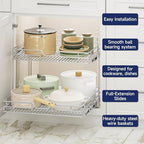 2-Tier Pull Out Cabinet Organizer, 19.5" W x 21.5" D, Heavy Duty Dual Slide Out Shelves for Base Cabinets, Chrome Wire Basket Drawer for Pantry, Kitchen & Bathroom Storage - Image 4