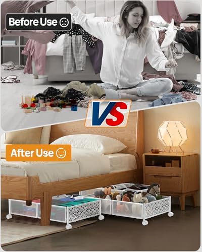 Under Bed Storage with Wheels, 2 Pack Foldable Metal Under Bed Storage Containers, 60L Rolling Underbed Storage, Easy Assembly Under The Bed Storage for Bedroom Clothes Shoes Blankets - Image 4