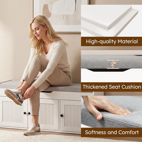 40" Storage Bench - Entryway Shoe Bench with 3 Doors and Top Storage Area, Multifunctional Entryway Bench with Lift Top Cushion, Shoe Storage Bench for Bedroom, Living Room, White - Image 7