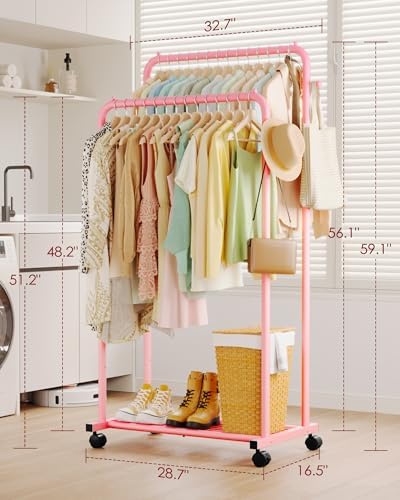Sakugi Double Rod Clothes Rack Mesh Shelf & Hooks, 28.7x16.5x59.1, Pink - Image 2