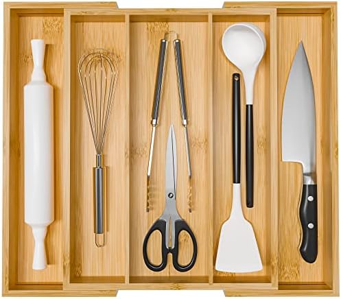 Bamboo Utensil Organizer Cutlery Organizer - Expandable 5 Slots Multipurpose Kitchen Drawer Organizer for Large Cooking Utensils, Baking Tools, Knife Set W13.7"-19.9" x L17.6" X H2.5"(Yellow) by WUSHIZHUHUN