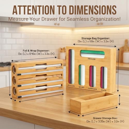 9 in 1 Storage Bag Organizer for Kitchen Drawer,Bamboo Foil and Plastic Wrap Dispenser with Cutter, Organizers Compatible Gallon, Quart, Sandwich Snack - Image 2