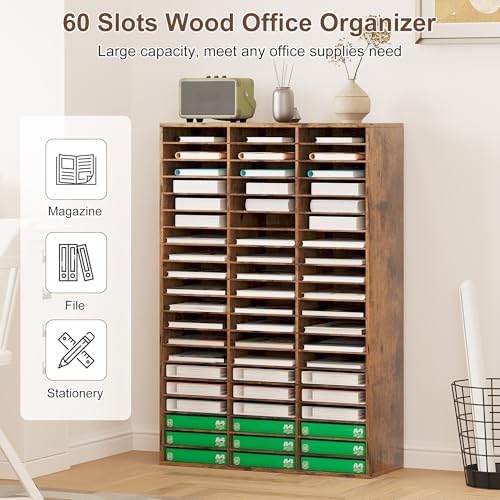 EasyPAG 60 Compartments Wooden Literature Organizer with Adjustable Shelves, 30000 Sheets Capacity Paper Organizer, Classroom Mailbox and Mail Sorter for Teachers and Office, Archaize - Image 2