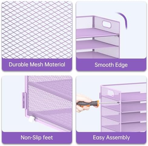 7 Tier Paper Organizer for Desk with Mesh Letter Trays and Handle Purple - Image 4