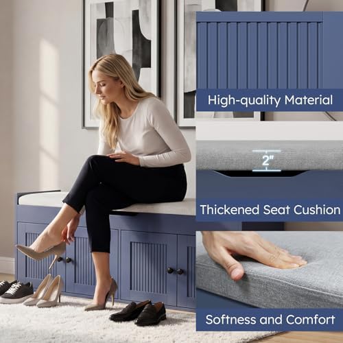 47.2" Storage Bench - Entryway Shoe Bench with 4 Doors and Top Storage Area, Multifunctional Entryway Bench with Lift Top Cushion, Shoe Storage Bench for Bedroom, Living Room, Navy Blue - Image 7