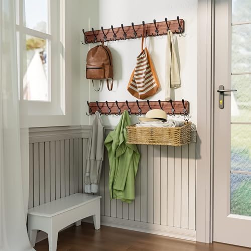 SKOLOO Rustic Coat Rack Wall Mount, 10 Hooks, 38.6'' Long, Brown, Pack of 2 - Image 3