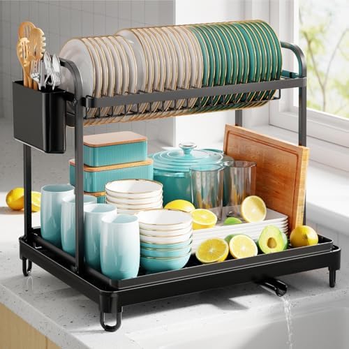 Sakugi Dish Drying Rack 2-Tier 16.7" x12.7" x15.8" Black Double Rod by Sakugi