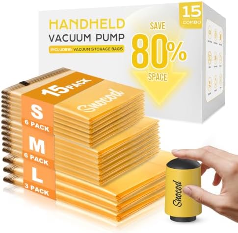 Vacuum Storage Bags with Electric Pump, 15 Reusable Compression Bags for Clothes, Bedding and Travel, Space Saving Storage Bags for Closet and Home Organization, Yellow by SNOCOD