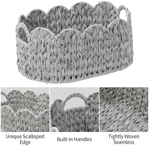 Set of 2 Scalloped Baskets, Small Wicker Baskets for Gifts, Grey - Image 7