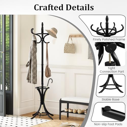 Tangkula Coat Rack with Umbrella Holder, 73 Inch Freestanding Coat Hanger Stand with 12 Hooks, Wooden Entryway Coat Tree for Clothes, Bags, Hats, Scarves, Living Room, Bedroom, Hallway (Black) - Image 5