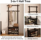 AQIMUELE Coat Rack with Shoe Storage, Narrow Wooden Hall Tree with Bench, 11 Hooks and 2-Tier Storage Shelves, 3-in-1, Entryway Bench with Coat Rack (23.6"-Black) - Image 3