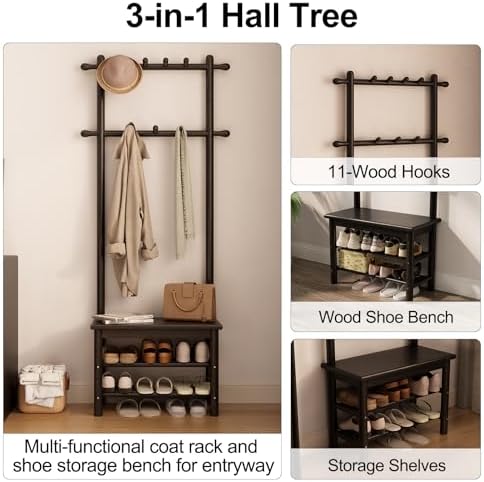 AQIMUELE Coat Rack with Shoe Storage, Narrow Wooden Hall Tree with Bench, 11 Hooks and 2-Tier Storage Shelves, 3-in-1, Entryway Bench with Coat Rack (23.6"-Black) - Image 3