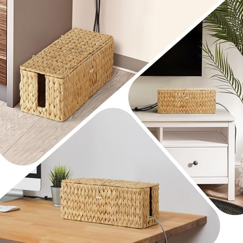 Posprica Cable Management Box with Lid, 2Pack Handwoven Real Water Hyacinth Cord Hider Organizer Boxes, 2 Side Open Slots Storage Box to Hide Cords Power Strip for Desk, Floor, Office - Image 6