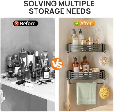 Gun Grey Adhesive Triangle Shower Caddy with Hooks, Towel Bar, Soap Dish - Image 5