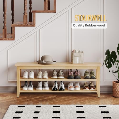 Wood Shoe Bench for Entryway,Bench with Shoe Rack,Storage Shoe Organizer for Hallway,Living Room,Bedroom (Natural, 47.24''W×11.81‘’D×17.71‘’H) - Image 7