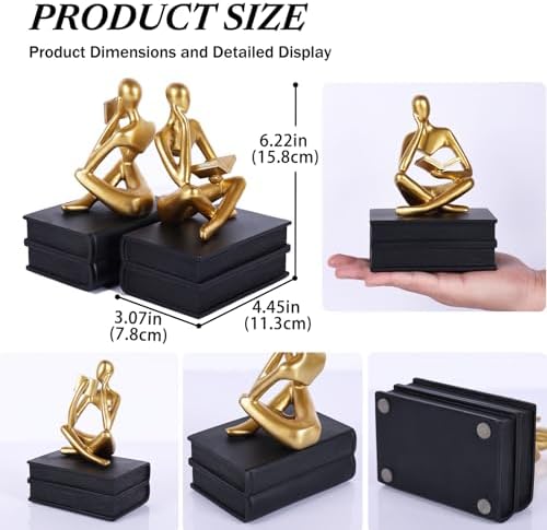 Reading Figurine Book Ends Book Lovers Gifts for Bookshelf Decorations for Readers, Graduates, Students, Teachers, Sculpture Home Decor for Shelves Desk Office Living Room (Black/Gold) - Image 4