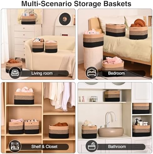 ICERZCZ Storage Baskets for Shelves Organizing, Woven Cotton Rope Baskets for Storage, Book Basket, Towel Basket, 12.5"Lx9.1''Wx7.9''H (4 Packs) Gradient Black & Jute - Image 5