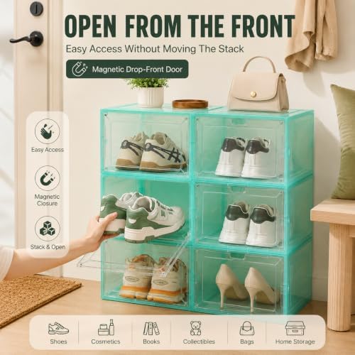 Stackable Clear Green Shoe Boxes 6 Pack with Magnetic Door, Drop Front Sneaker Storage Organizer for Closet, Large Transparent Plastic Shoe Storage Containers - Image 2