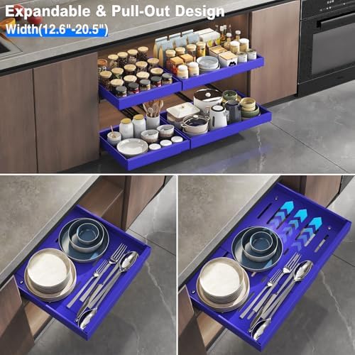 Mustorn 2 Pack Pull Out Cabinet Organizer, Expandable Slide Out Drawers for Kitchen Cabinets Peel and Stick Pullout Drawer Heavy Duty Sliding Shelves for Cupboard, Pantry, Bathroom(16.5" Deep, Blue) - Image 3