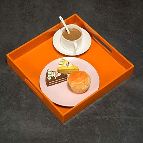 KEVLANG Orange Sturdy Acrylic Serving Tray with Handles-12x12Inch-Serving Coffee,Food,Breakfast,Butler-Kitchen Countertop Tray-Makeup Drawer Organizer-Vanity Table,Ottoman Tray-Decorative Tray - Image 4