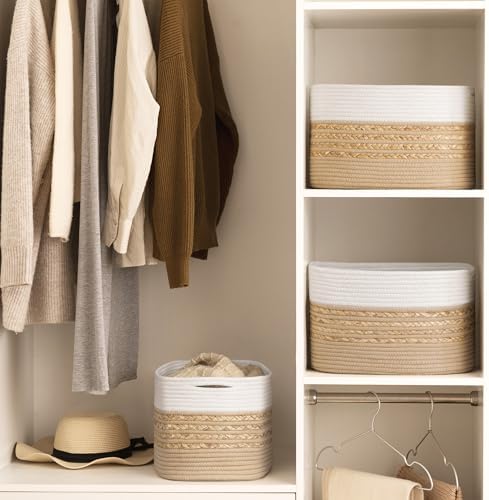 UBBCARE 2 Pack Baskets for Organizing, Woven Storage Baskets for Toys and Towel, Rectangle Cotton Rope Basket with Handles, 14''L x 8''W x9''H, Brown - Image 6