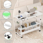 Height Adjustable Standing Desk with Power Outlets and LED Lights - 39" Manual Stand Up Desk with Monitor Stand and Storage Shelves Small Mobile Rolling Computer Desk Portable Laptop Table, White - Image 6