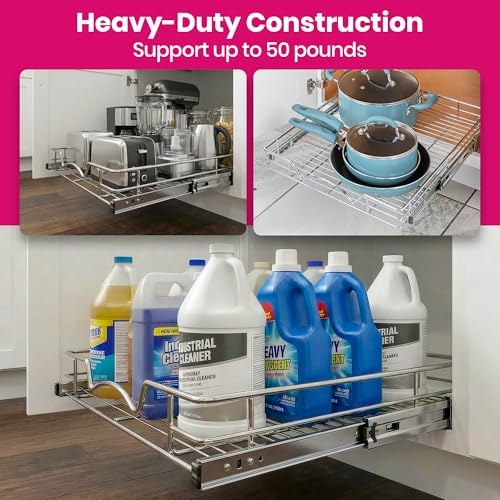 HOLDN’ STORAGE Pull Out Cabinet Organizer, Heavy Duty Caddy w/Lifetime Limited Warranty -17”W x 21”D - Requires At Least 18-1/4” Cabinet Opening, Steel Metal Cabinet Drawers Slide Out, Chrome - Image 4