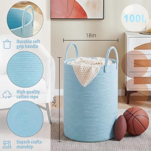 Laundry Basket,Woven Cotton Rope Laundry Hamper,100L for Decor Storage of Dirty Clothes,Toys and Blankets in Bathroom,Baby Room and Living Room - Image 6