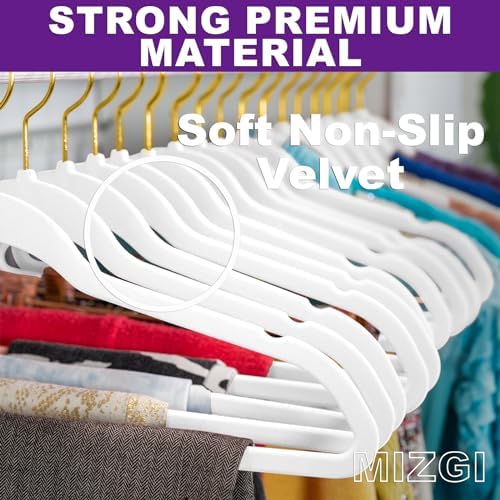 MIZGI Premium Velvet Hangers - 40 Pcs Heavy Duty, Non Slip Felt, Space Saving, White with Gold Hooks - Image 2