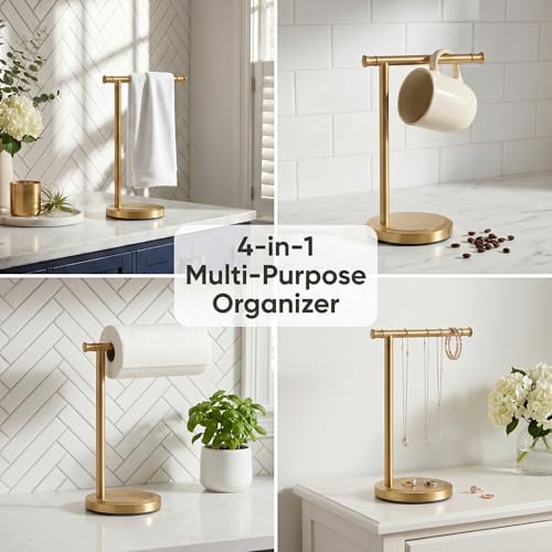 Hoimpro Hand Towel Holder Stand Bathroom Towel Bar Rack Countertop Gold - Image 6