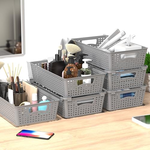 Simple Houseware Stackable Plastic Woven Basket Organizer, 6 Pack, Gray - Image 4