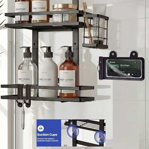 Over the Door Shower Caddy Hanging, Rustproof Shower Shelves with Waterproof Phone Pouch, 2-Tier Adjustable Bathroom Organizers and Storage, No Drilling Shower Shelf, Black Shampoo Soap Holder - Image 5