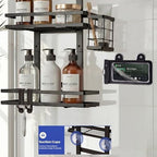 Over the Door Shower Caddy Hanging, Rustproof Shower Shelves with Waterproof Phone Pouch, 2-Tier Adjustable Bathroom Organizers and Storage, No Drilling Shower Shelf, Black Shampoo Soap Holder - Image 5