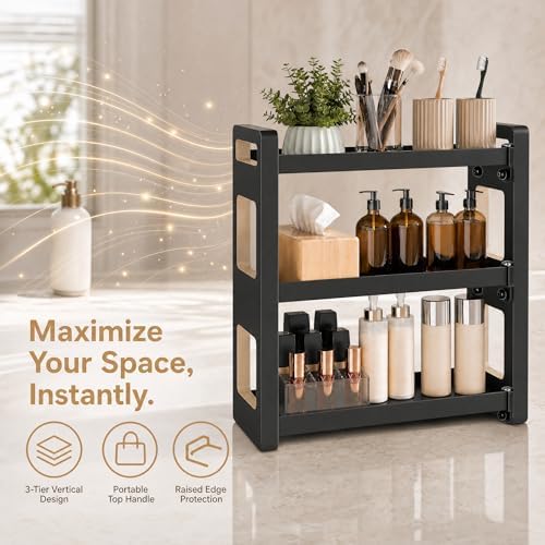 Narrow Solid Wood Bathroom Counter Organizer, Space-Saving Bathroom Storage Rack for Vanity, Multi-Purpose Kitchen Spice Rack & Bedroom Makeup Organizer (Black 2 Tier, 1 Pack) - Image 5