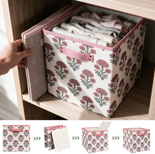6 Pcs Fabric Floral Cube Storage Bins 11 Inch Flower Storage Basket with Handle, Linen Collapsible Fabric Box for Classroom Bedrooms Office Home Decoration (Pink indian flowers) - Image 5