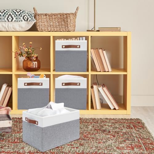 4 Pack Large Fabric Storage Baskets with Handles (White with Grey,15" L*13" W*13" H) - Image 7