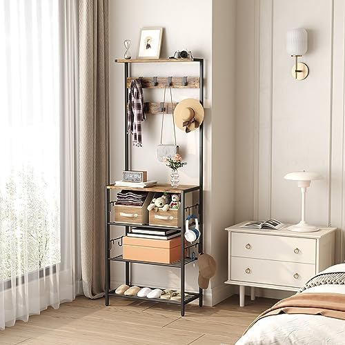 HOMEFORT Coat Rack with Shoe Storage, 5-Tier Shoe and Coat Rack with 9 Clothes Hooks, Freestanding Hall Tree Organizer for Entryway, Bedroom, Rustic Brown - Image 4