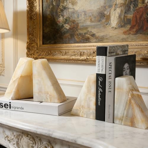 Marble Bookend for Heavy Books, Decorative Bookends for Shelves, Durable and Heavy-Duty Book End for Hardback Book & CDS, Unique Stopper & Holder, Green Onyx, Set of 2 - Image 6