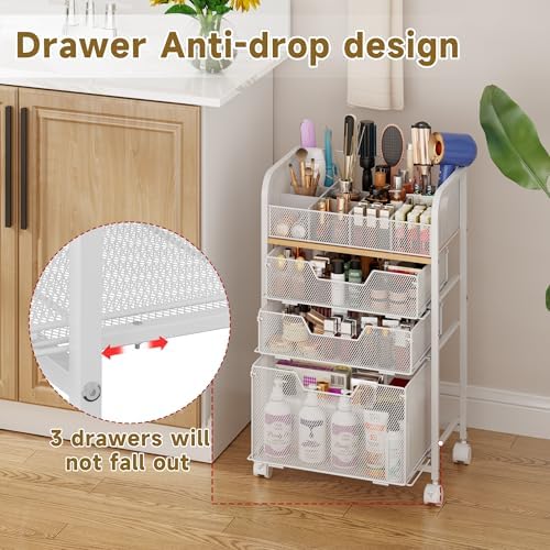 Jakyitvi Makeup Cart Organizer with 3 Drawers, Under Desk Storage Drawers,Floor Skincare & Makeup Organizer, Vanity Storage for Cosmetics, Nail Polish, Perfume, Makeup Brushes, Hair Tools, White - Image 6